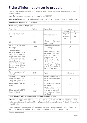 Bauknecht BCIO 3T341 PLET Vollintegrierbarer Geschirrspüler 60 cm /Edelstahl/14 Maßgedecke/10 Standardprogramme und 1 Sensorprogramm/PowerClean/ActiveDry/Besteckschublade/Vollwasserschutz - 15