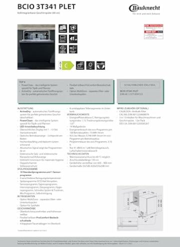 Bauknecht BCIO 3T341 PLET Vollintegrierbarer Geschirrspüler 60 cm /Edelstahl/14 Maßgedecke/10 Standardprogramme und 1 Sensorprogramm/PowerClean/ActiveDry/Besteckschublade/Vollwasserschutz - 10